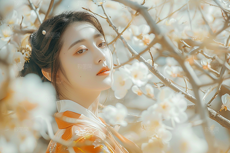 花卉汉服人物中国风美景摄影图