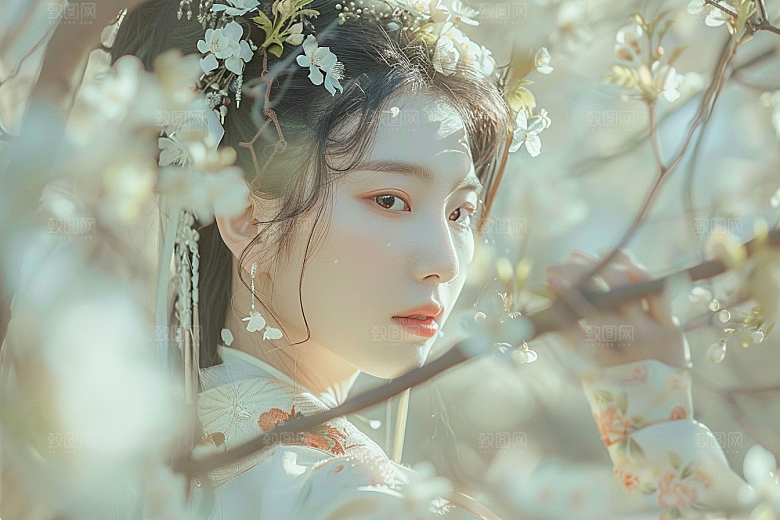 花卉汉服人物写真园林摄影图