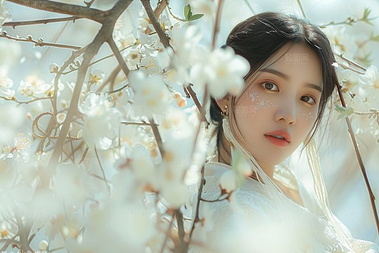花卉汉服人物花丛人像摄影图