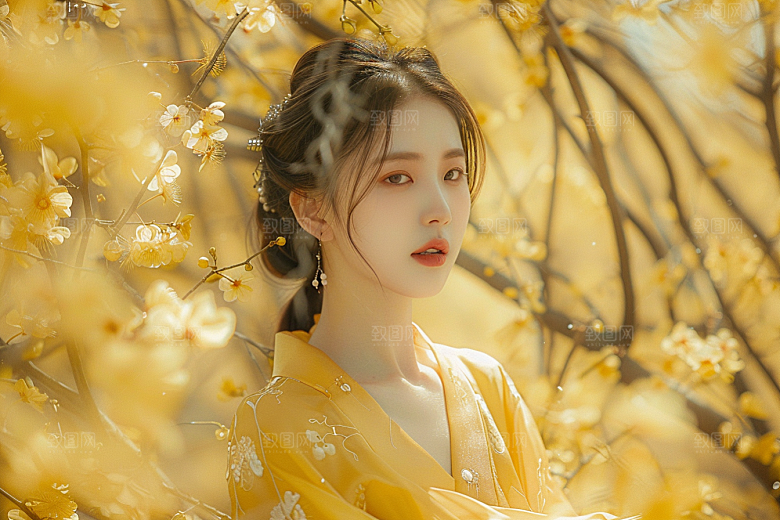 花卉汉服人物园林中式摄影图
