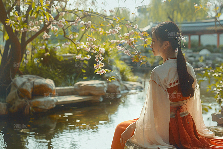 花卉汉服人物花丛唯美摄影图