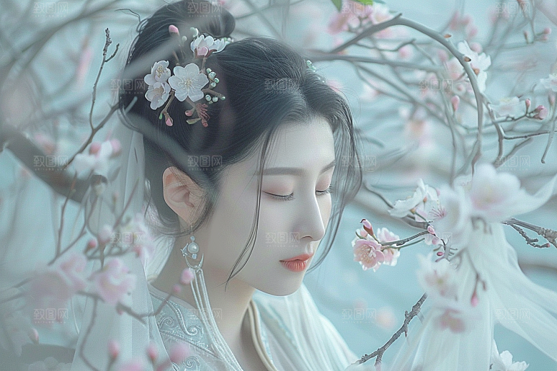花卉汉服人物唯美写真摄影图