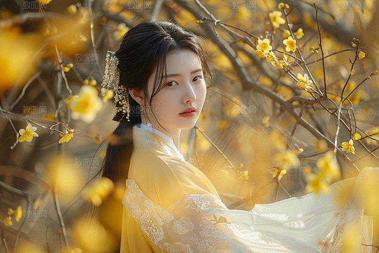 花卉汉服人物高清花丛摄影图