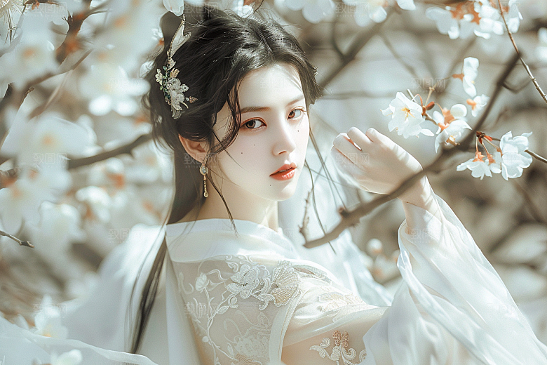花卉汉服人物高清园林摄影图