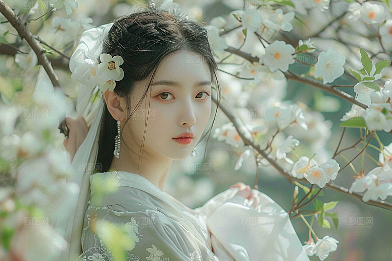 花卉汉服人物花丛唯美摄影图