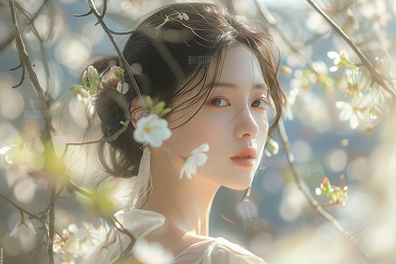 花卉汉服人物唯美园林摄影图