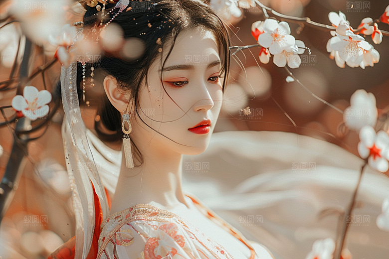 花卉汉服人物花丛浪漫摄影图