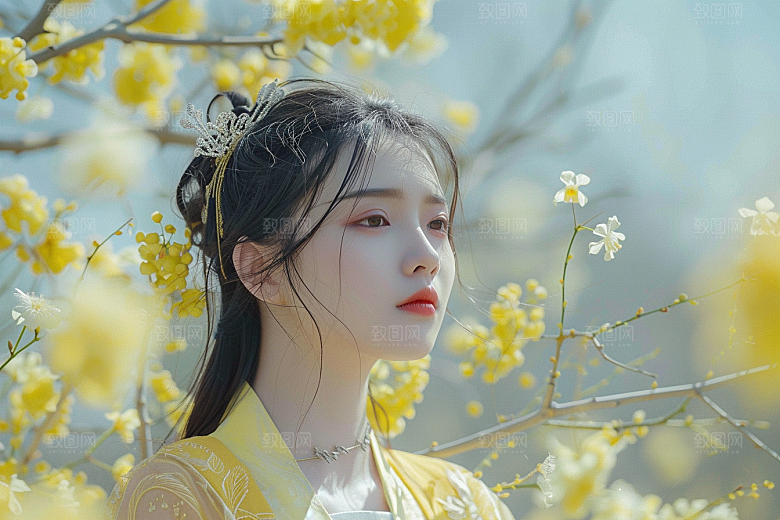 花卉汉服人物花丛美景摄影图