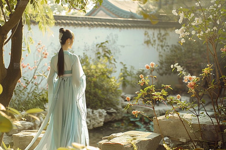 花卉汉服人物唯美花丛摄影图