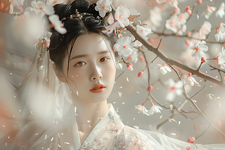 花卉汉服人物浪漫写真摄影图