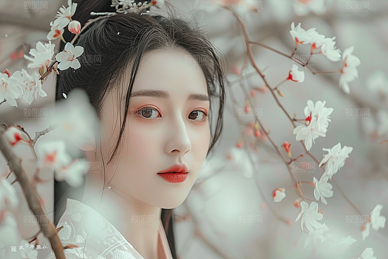花卉汉服人物园林唯美摄影图
