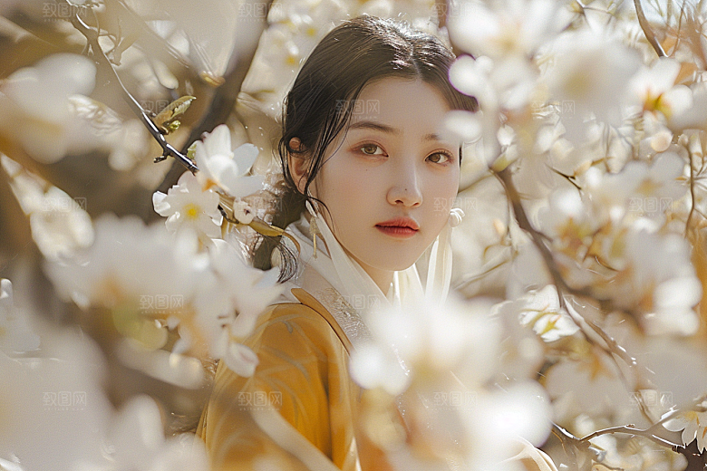 花卉汉服人物园林人像摄影图