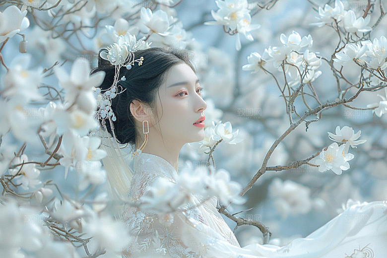 花卉汉服人物浪漫园林摄影图