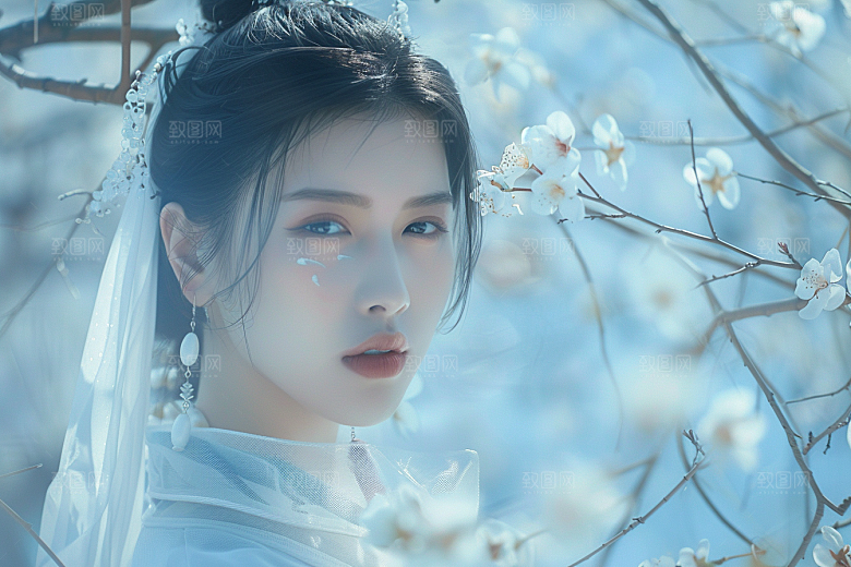 花卉汉服人物唯美花丛摄影图