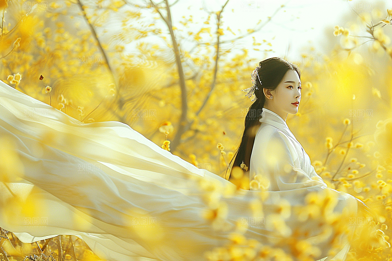 花卉汉服人物园林浪漫摄影图