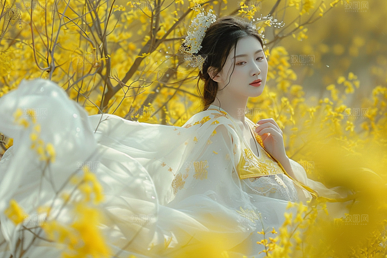 花卉汉服人物美景中式摄影图