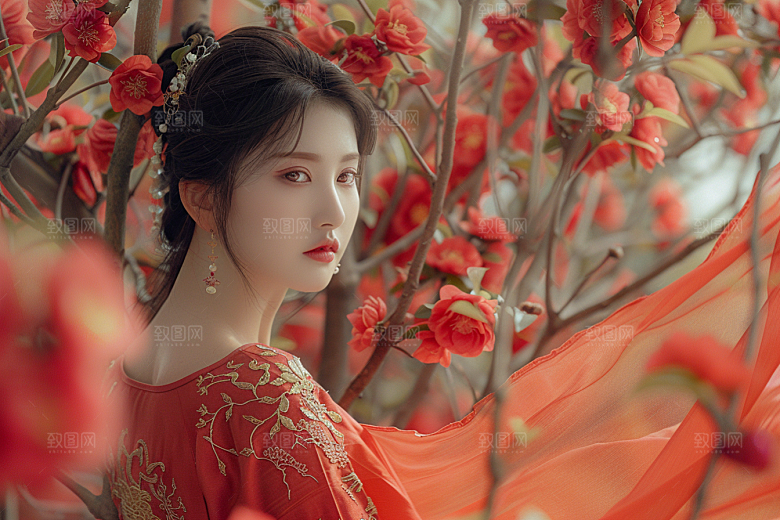 花卉汉服人物美景浪漫摄影图