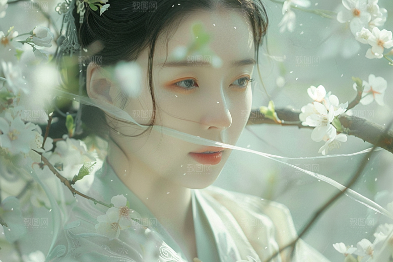 花卉汉服人物唯美浪漫摄影图