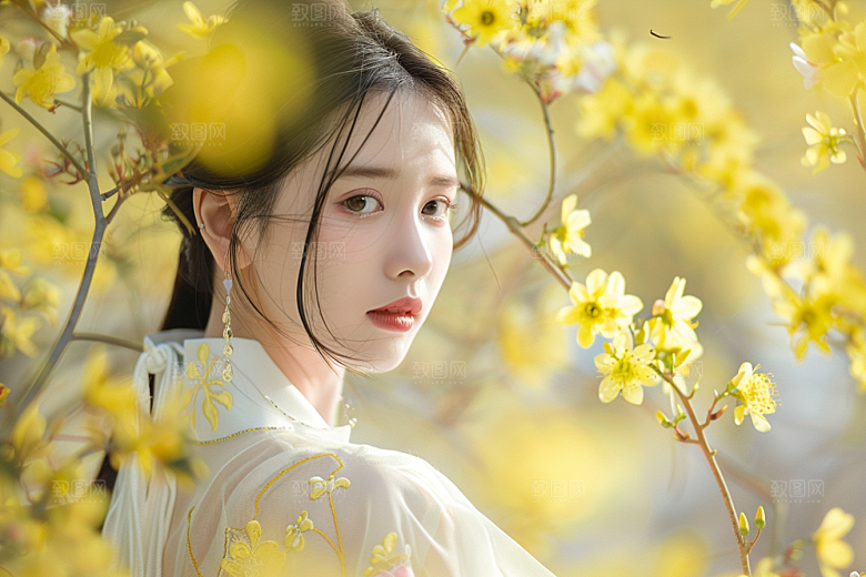 花卉汉服人物唯美园林摄影图