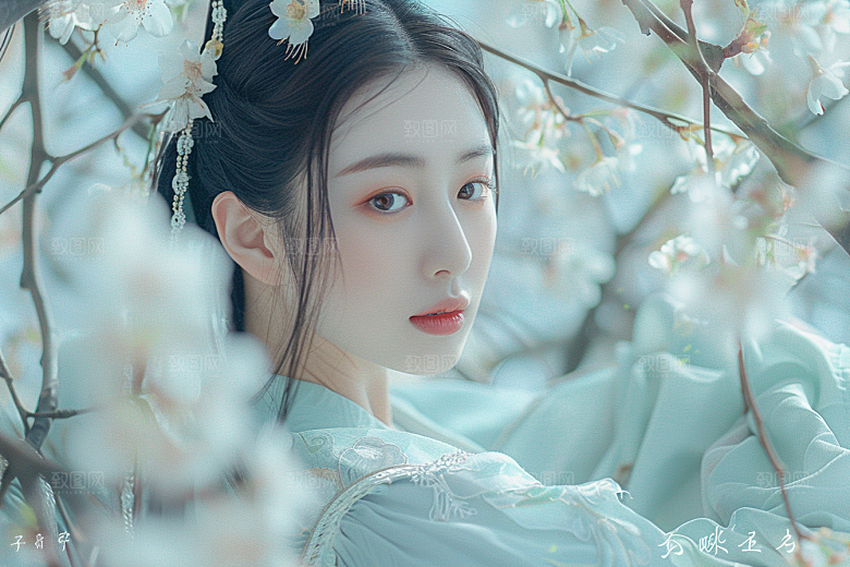 花卉汉服人物园林古风摄影图