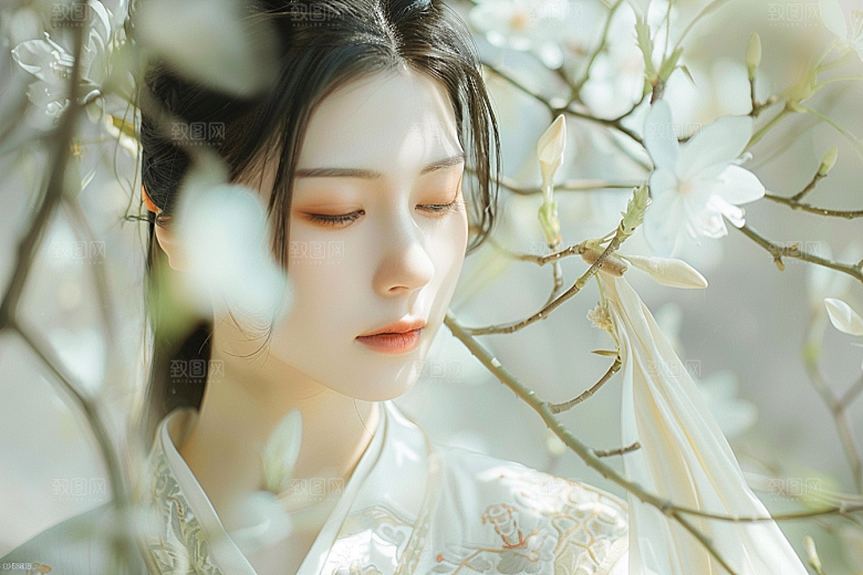 花卉汉服人物浪漫花丛摄影图