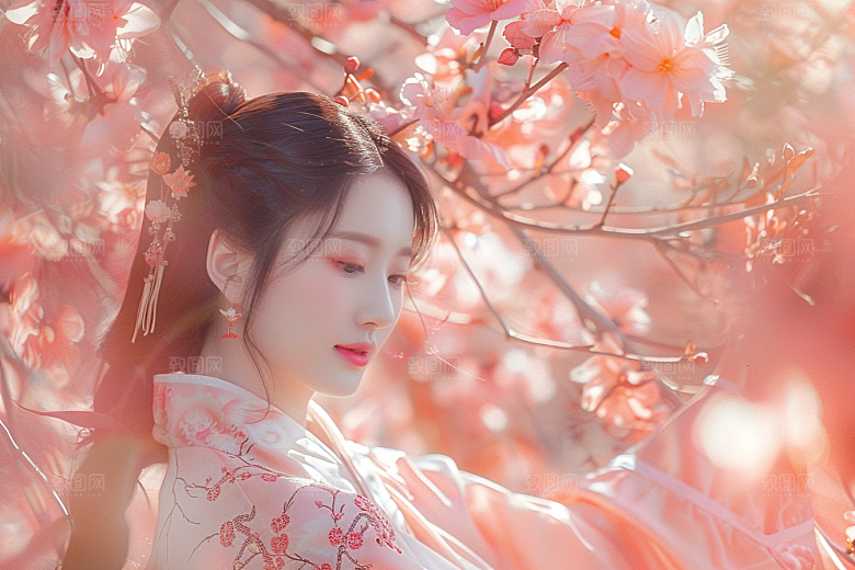 花卉汉服人物唯美园林摄影图