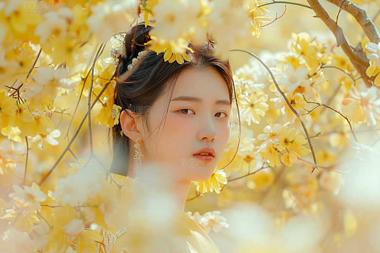 花卉汉服人物中国风美女摄影图