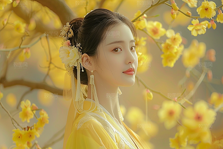 花卉汉服人物花丛中国风摄影图