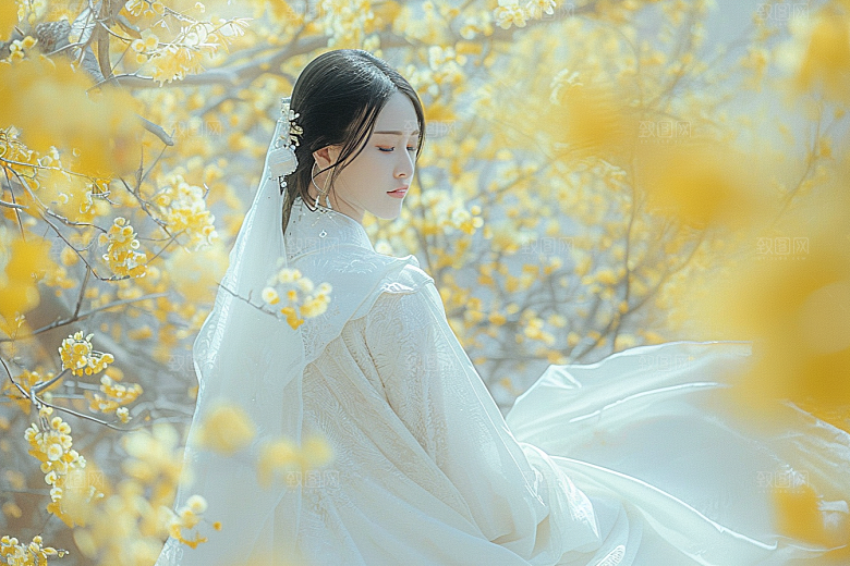 花卉汉服人物园林高清摄影图