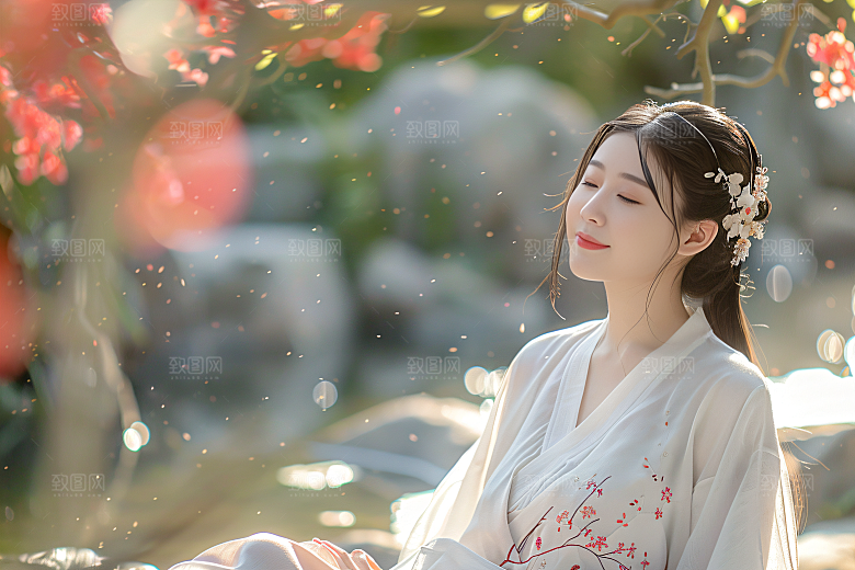 花卉汉服人物古风园林摄影图