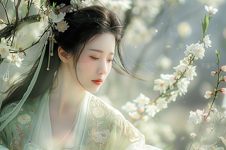 花卉汉服人物中国风园林摄影图