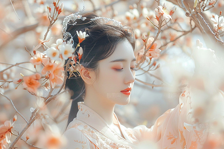 花卉汉服人物中式写真摄影图