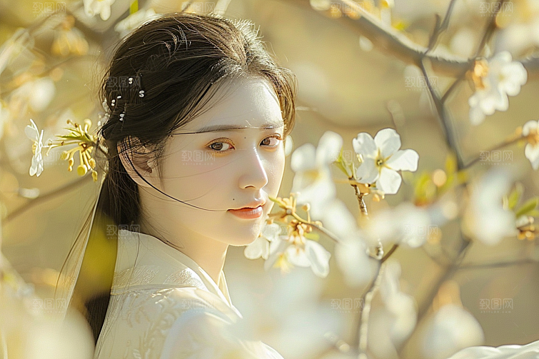 花卉汉服人物中国风园林摄影图
