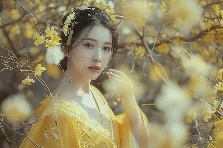 花卉汉服人物花丛中国风摄影图