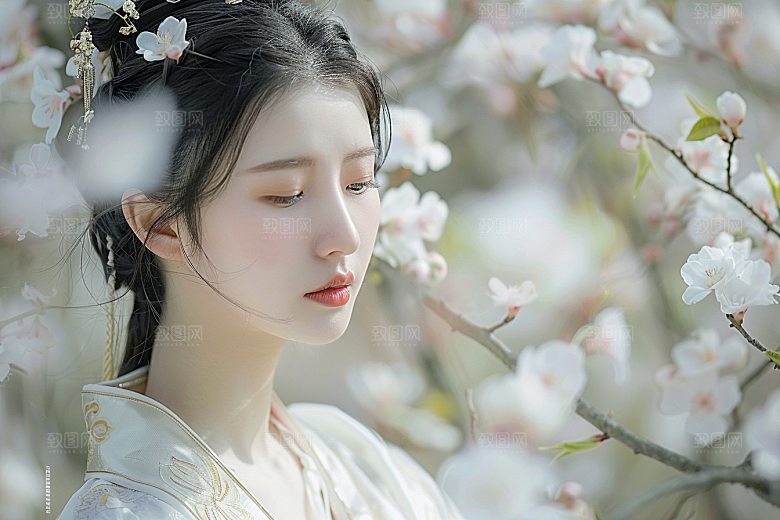 花卉汉服人物浪漫园林摄影图