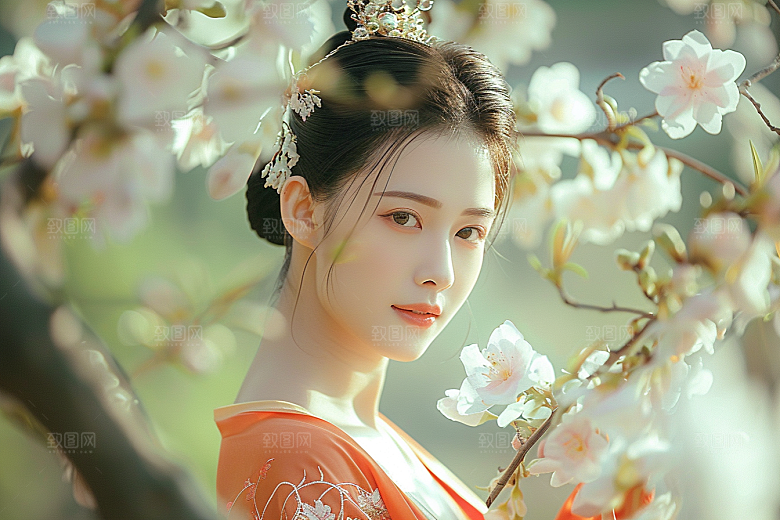 花卉汉服人物浪漫园林摄影图