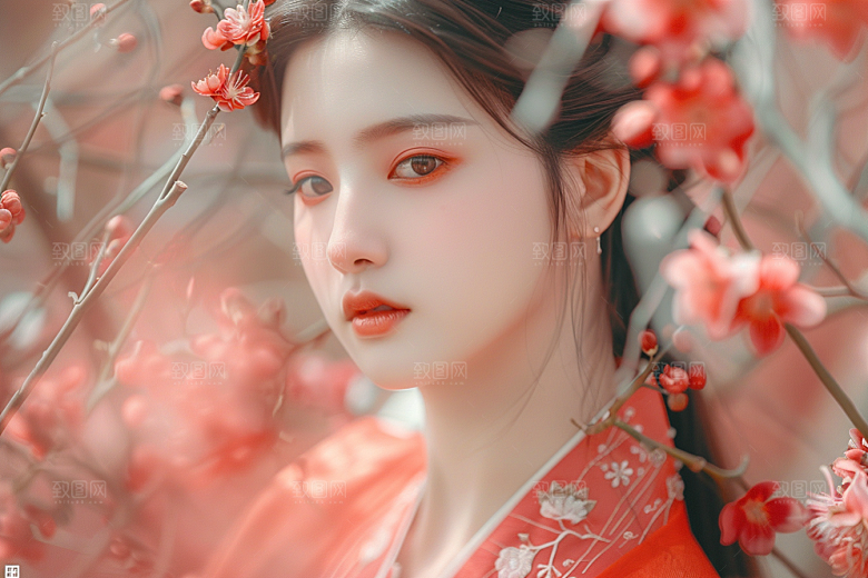 花卉汉服人物花丛唯美摄影图