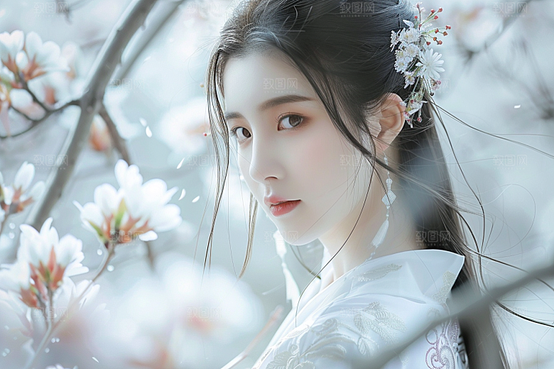 花卉汉服人物人像花丛摄影图