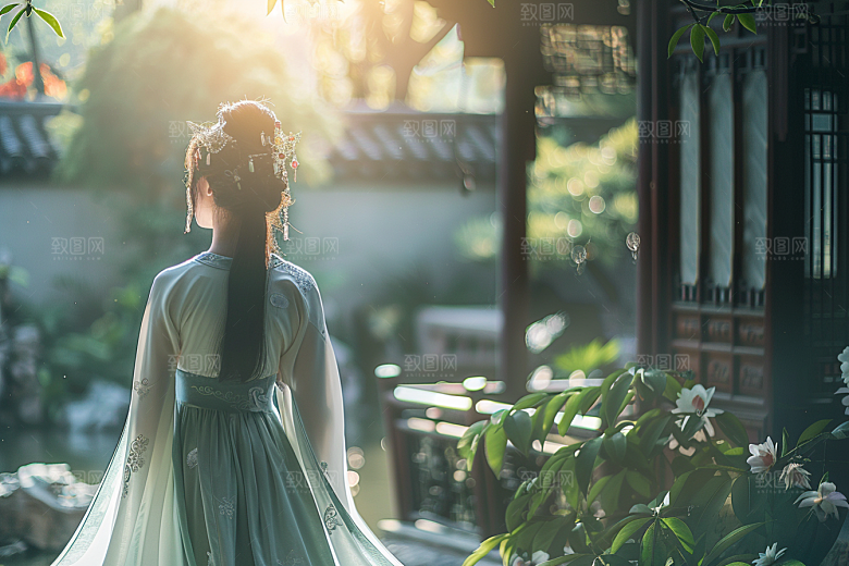 花卉汉服人物花丛中国风摄影图