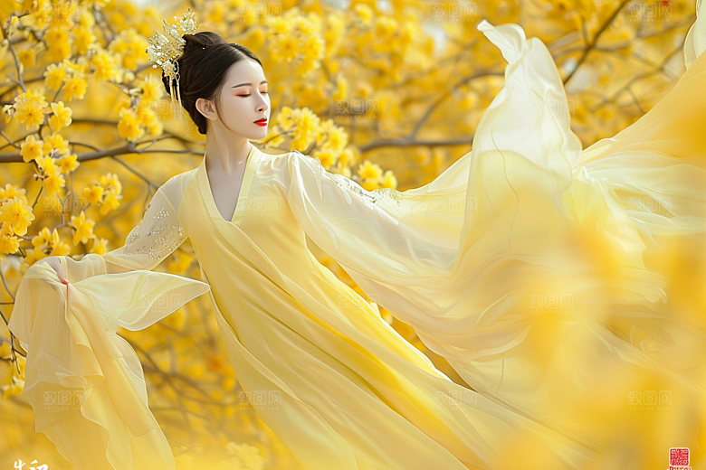 花卉汉服人物花丛高清摄影图
