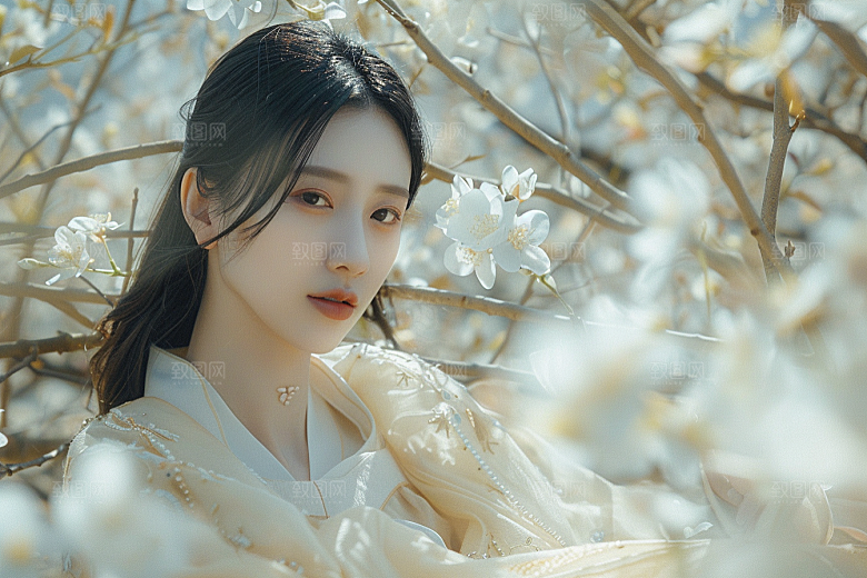 花卉汉服人物浪漫写真摄影图