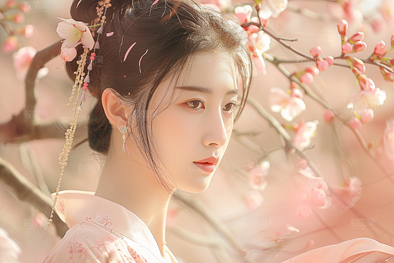 花卉汉服人物中国风花丛摄影图