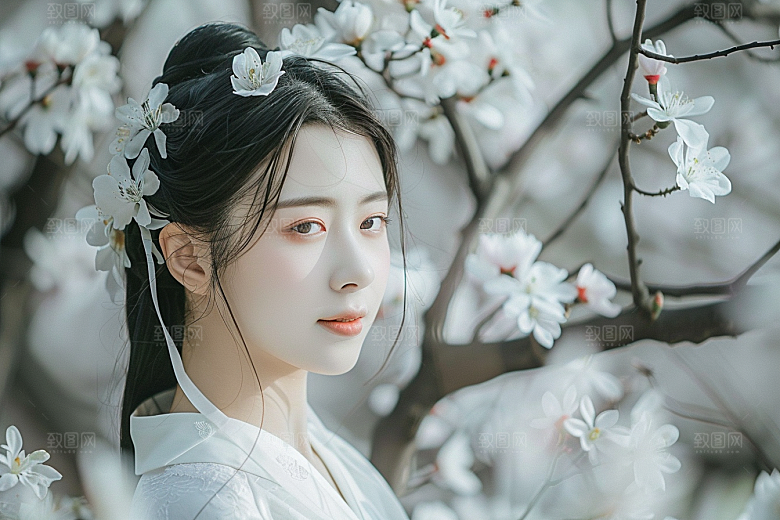 花卉汉服人物中式园林摄影图