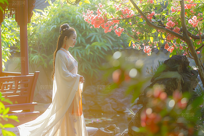 花卉汉服人物中式花丛摄影图