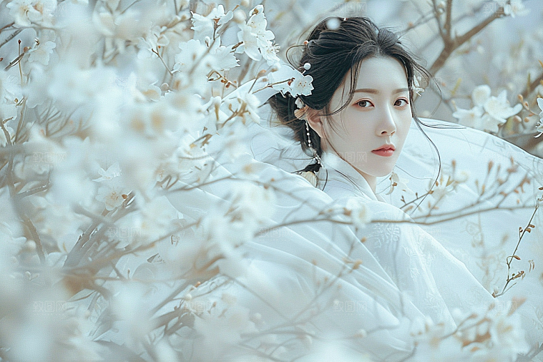 花卉汉服人物花丛美景摄影图