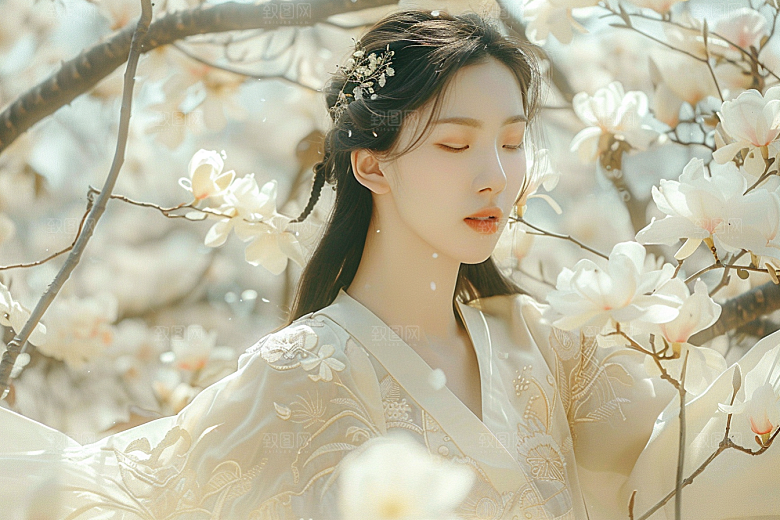 花卉汉服人物花丛浪漫摄影图