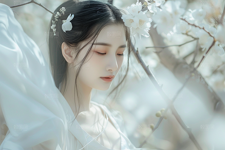 花卉汉服人物浪漫人像摄影图