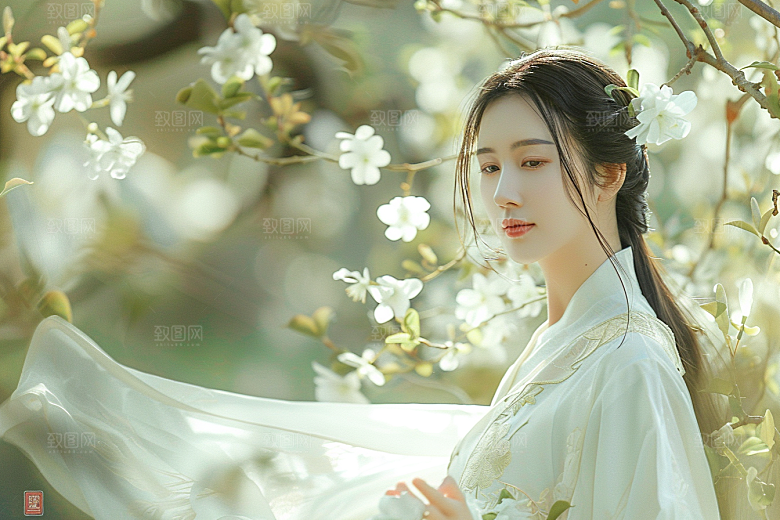 花卉汉服人物唯美美景摄影图
