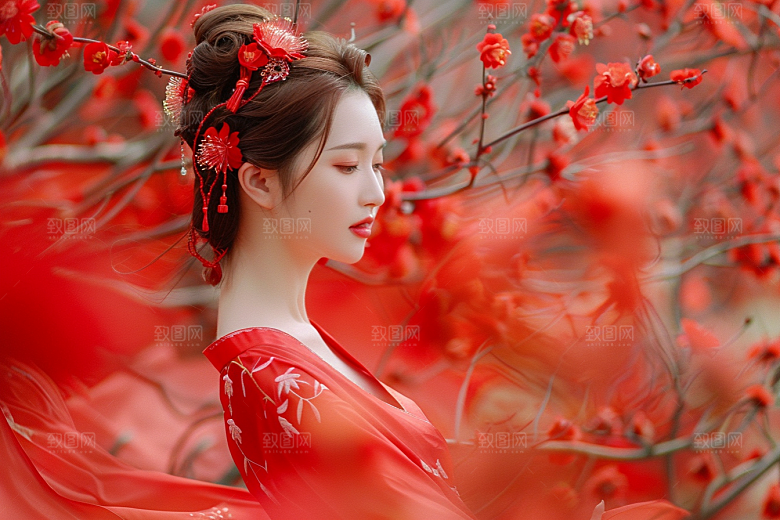 花卉汉服人物园林花丛摄影图