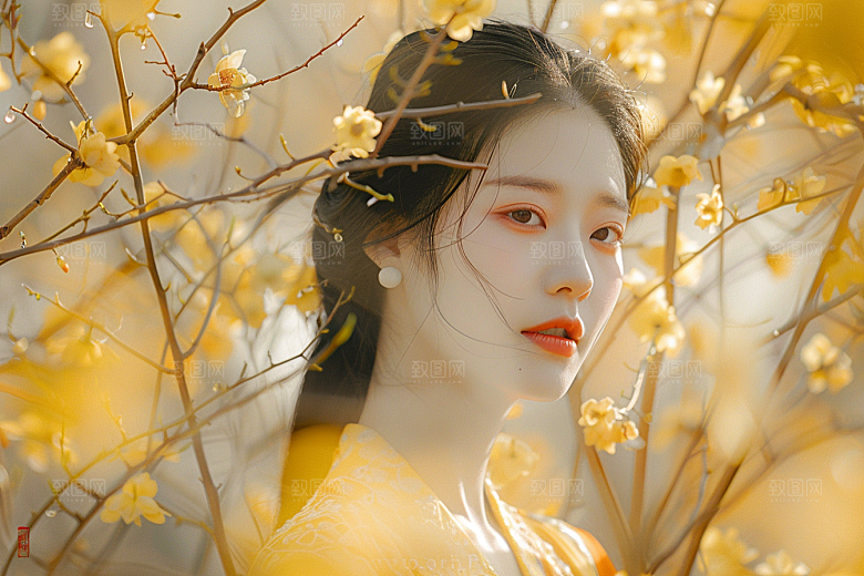 花卉汉服人物园林美景摄影图